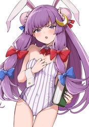  animal_ears blue_bow blunt_bangs bow bowtie breasts bun_cover cleavage crescent crescent_hair_ornament detached_collar double_bun fake_animal_ears female goten_(510gensoku) hair_bun hair_ornament hairbow long_hair patchouli_knowledge playboy_bunny purple_eyes purple_hair purple_headwear rabbit_ears red_bow red_bowtie small_breasts solo touhou very_long_hair 