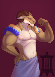  anthro bovid bovid_horn caprine caprine_horn confident_male flexing flexing_bicep hand_on_hip hi_res horn hybrid male mammal muscular muscular_male pecs ram_horn solo tali-draws towel_around_waist 