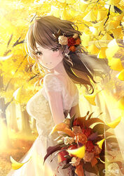  arms_behind_back autumn bare_arms bouquet breasts brown_eyes brown_hair commentary copyright_name copyright_notice cross-laced_clothes cross-laced_dress day dress earrings falling_leaves female floating_hair floral_print flower forest from_side ginkgo_leaf ginkgo_tree gold_earrings hair_flower hair_ornament holding holding_bouquet jewelry kagachi_saku lace lace_dress leaf long_hair looking_back looking_to_the_side medium_breasts nature official_art outdoors parted_lips red_flower red_rose rose short_sleeves smile solo swept_bangs toracon tree upper_body wedding_dress white_dress yellow_flower yellow_leaves yellow_rose 