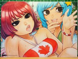  2girls art_tools_in_frame artist_name bare_shoulders bikini black_eyes blue_hair bob_cut bracelet breasts canadian_flag canadian_flag_print cityscape close-up cn_tower commentary english_commentary eyelashes freckles green_bikini hair_ornament halterneck hand_on_own_chin hand_up jewelry kim_pine leaf lips looking_afar looking_ahead maple_leaf marker_(medium) medium_breasts multiple_girls omar_dogan open_mouth outdoors photo_(medium) pool poolside ramona_flowers red_bikini red_hair scott_pilgrim_(series) short_hair signature star_(symbol) star_hair_ornament swept_bangs swimsuit talking teeth toronto towel traditional_media tree two-tone_bikini upper_teeth_only water wet white_bikini 