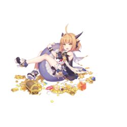  ahoge bare_shoulders benghuai_xueyuan black_dress blonde_hair coin detached_sleeves dragon_girl dress female full_body gem gold gold_bar gold_coin high_heels honkai_(series) horns hugging_own_tail hugging_tail kanna_(benghuai_xueyuan) key keyring official_art open_mouth solo tail transparent_background treasure_chest yellow_eyes 