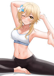  ;) arm_behind_head armpits ayul_(ayulneri_92) barefoot blonde_hair breasts cleavage commentary_request feet female genshin_impact hair_between_eyes highres looking_at_viewer lumine_(genshin_impact) medium_breasts navel one_eye_closed pants pigeon_pose short_hair short_hair_with_long_locks simple_background smile solo sports_bra stretching sweat toes trembling underwear white_background white_sports_bra yellow_eyes yoga yoga_pants 