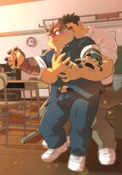  2boys animal_ears bara blush brown_fur bulge classroom desk dog_boy dog_ears fangs flying_sweatdrops furry furry_male furry_with_non-furry gakuran highres hug hug_from_behind indoors interspecies inutora08 male_focus moritaka_(housamo) multiple_boys muscular muscular_male outstretched_arms plump protagonist_3_(housamo) school_desk school_uniform shirt shoes short_hair shy sideburns smile sneakers standing surprise_hug thick_eyebrows tokyo_afterschool_summoners wavy_mouth yaoi 