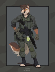  2023 absurd_res anthro assault_rifle bulletproof_vest canid canine canis female gun hi_res law_enforcement mammal operator police policewoman ranged_weapon rifle sierra_howlett solo special_forces stoopix swat tactical tactical_gear tomboy weapon wolf 