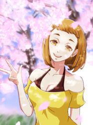  absurdres aged_up artist_name bob_cut breasts brown_eyes brown_hair cherry_blossoms cleavage collarbone day female halterneck hand_up highres medium_hair outdoors poshi_nemiiyo shirt smile solo sora_yori_mo_tooi_basho tamaki_mari upper_body v yellow_shirt 