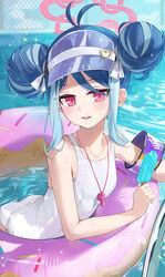  antenna_hair ass bare_arms bare_shoulders blue_archive blue_hair blush breasts dema_hmw double_bun female fubuki_(blue_archive) fubuki_(swimsuit)_(blue_archive) grey_hair hair_bun halo highres innertube looking_at_viewer multicolored_hair official_alternate_costume one-piece_swimsuit open_mouth pink_halo pool red_eyes school_swimsuit short_hair small_breasts smile solo swim_ring swimsuit water wet whistle whistle_around_neck white_one-piece_swimsuit 