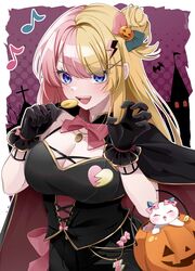  absurdres black_cape black_dress black_gloves blonde_hair blue_eyes blush breasts candy cape cleavage commentary dress feline female food food-themed_hair_ornament gloves hair_bun hair_ornament hairclip halloween highres holding holding_candy holding_food jack-o&#039;-lantern jack-o&#039;-lantern_hair_ornament kano3 kotoka_torahime large_breasts long_hair looking_at_viewer multicolored_hair nijisanji nijisanji_en pink_hair pumpkin pumpkin_hair_ornament smile solo two-tone_hair virtual_youtuber 