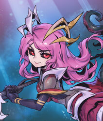  armor black_sclera bodysuit breasts brown_bodysuit closed_mouth colored_sclera coven_nami female from_side holding holding_weapon layered_skirt league_of_legends long_hair medium_breasts monster_girl nami_(league_of_legends) official_alternate_costume phantom_ix_row pink_hair red_eyes red_skirt scylla skirt smile solo underwater weapon 