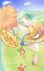  &gt;_&lt; 4girls armpits blue_sky brown_hair cheerleader cloud commentary_request english_text green_eyes green_hair highres holding holding_pom_poms kaenbyou_rin komeiji_koishi komeiji_satori looking_at_viewer multiple_girls navel outdoors pink_hair polyhedron2 pom_pom_(cheerleading) red_hair reiuji_utsuho shirt short_hair skirt sky solo_focus speech_bubble stadium third_eye touhou yellow_shirt yellow_skirt 