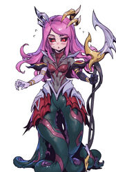  :o black_sclera blush bodysuit breasts brown_bodysuit colored_sclera coven_nami covered_navel female flying_sweatdrops full_body hair_ornament holding holding_staff league_of_legends long_hair looking_down medium_breasts monster_girl nami_(league_of_legends) phantom_ix_row pink_hair red_eyes scylla simple_background solo staff tentacle white_background 