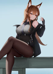  absurdres animal_ears arknights bare_shoulders black_gloves black_jacket black_shirt black_shorts blue_necktie breasts brown_eyes brown_hair brown_pantyhose collared_shirt commentary_request crossed_legs feet_out_of_frame female fingerless_gloves fox_ears fox_girl franka_(arknights) gloves highres jacket lahz52 large_breasts necktie open_clothes open_jacket pantyhose pantyhose_under_shorts ponytail shirt shorts sidelocks sitting sleeveless sleeveless_shirt smile solo thighs 