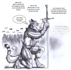  0laffson 2023 afterimage anthro applause background_character belt biped bottomwear cheetah clothed clothing dagger dialogue digitigrade english_text enorach_(0laffson) felid feline fur graphite_(artwork) group hi_res holding_melee_weapon holding_object holding_sword holding_weapon human kneeling knighting looking_down male mammal markings melee_weapon monochrome motion_lines offscreen_character pants paws pencil_(artwork) scabbard shadow shirt signature solo_focus spots spotted_body spotted_fur spotted_markings spotted_tail striped_markings striped_tail stripes sword tail tail_markings tail_motion tailwag text thought_bubble topwear traditional_media_(artwork) weapon zweihander 