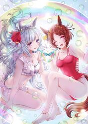  2girls alternate_costume animal_ears anklet bare_shoulders barefoot bikini bikini_skirt braid breasts brown_hair bubble cleavage commentary_request commission crown_braid ear_ornament feet grey_hair heart_bubbles horse_ears horse_girl horse_tail in_bubble jewelry knees_up large_breasts legs long_hair md5_mismatch medium_breasts mejiro_ardan_(umamusume) multiple_girls one-piece_swimsuit pink_eyes purple_eyes red_one-piece_swimsuit resolution_mismatch sakura_laurel_(umamusume) short_hair skeb_commission smile source_larger swimsuit tail terao_hiromu toenails toes umamusume very_long_hair white_bikini 