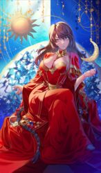  aikura_chihiro bare_shoulders black_hair blue_eyes braid braided_ponytail breasts cleavage cloak craft_essence_(fate) crossed_legs dress fate/grand_order fate_(series) female gold_trim hephaestion_(fate) large_breasts long_hair looking_at_viewer official_art red_cloak red_dress sitting solo very_long_hair 