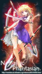  archived_source barefoot blonde_hair closed_mouth cross dress earrings extra_arms feet female full_body holding holding_weapon inagaki_yoshiaki jewelry multiple_weapons origin_(tales) polearm purple_dress quadruple_wielding red_eyes short_hair side_slit solo spear sword tales_of_(series) tales_of_phantasia text_background thigh_ring weapon weapon_behind_back web_address 