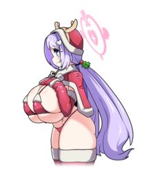  adapted_costume alternate_breast_size bikini blue_archive breasts capelet christmas commentary_request cropped_legs detached_sleeves fake_antlers female fur_trim hair_ornament halo hanae_(blue_archive) hanae_(christmas)_(blue_archive) hat heart heart_hair_ornament highres holly_hair_ornament huge_breasts lazy_ant long_hair micro_bikini mittens oppai_loli pom_pom_(clothes) purple_hair red_bikini red_hood red_thighhighs santa_bikini santa_hat shortstack simple_background solo swimsuit thick_thighs thighhighs thighs twintails very_long_hair white_background 