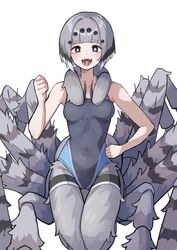  +_+ :d arachne arthropod_girl bare_arms bare_shoulders black_eyes black_hair blunt_bangs breasts clenched_hands collarbone commentary_request covered_navel fangs female grey_fur grey_hair hand_on_own_hip highres light_blush looking_at_viewer mandibles medium_breasts monster_girl multicolored_hair one-piece_swimsuit open_mouth original plan_(planhaplalan) short_hair simple_background skin_fangs smile solo spider_girl swimsuit taur thigh_gap white_background white_hair 