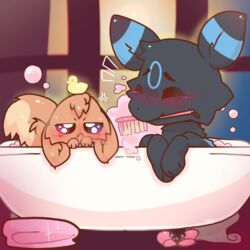  1:1 ambiguous_gender baby bathing bathtub blush bubble bubble_bath canid claw_foot_bathtub daughter_(lore) daww duo eevee eeveelution father_(lore) father_and_child_(lore) father_and_daughter_(lore) female_(lore) feral fluttermush fur generation_1_pokemon generation_2_pokemon gracie_(sweetcupcake) grumpy hi_res kurai_(kuraibre) male_(lore) mammal nintendo parent_(lore) parent_and_child_(lore) parent_and_daughter_(lore) pokemon pokemon_(species) pouting shiny_pokemon smile soap tail towel toy umbreon water wet young young_ambiguous young_feral 