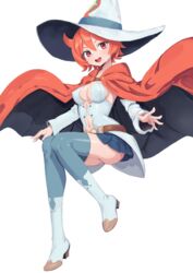  ass blue_skirt boots breasts cape cleavage_cutout clothing_cutout domdom female hat little_witch_academia making-of_available medium_breasts navel_cutout pleated_skirt red_cape red_eyes red_hair shiny_chariot short_hair skirt solo thighhighs white_footwear witch witch_hat 