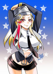  black_jacket black_necktie black_shorts blonde_hair breasts collared_shirt crop_top dated female hair_ornament headgear jacket kagesaki_yuna kantai_collection large_breasts long_hair long_sleeves looking_at_viewer massachusetts_(kancolle) midriff multicolored_hair necktie red_eyes red_hair shirt short_shorts shorts signature solo star_(symbol) star_hair_ornament white_shirt 