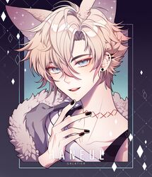  1boy animal_ears argyle_background asymmetrical_shirt bishounen black_background black_nails blonde_hair character_name collarbone commentary disembodied_hand ear_piercing english_commentary english_text eyelashes eyeshadow finger_to_own_chin fur-trimmed_jacket fur_trim grey_eyes grey_jacket haneul_(hen-tie) hen-tie highres jacket jacket_partially_removed light_blush looking_at_viewer makeup male_focus messy_hair nail_polish open_mouth original piercing pink_eyeshadow shirt short_hair single_bare_shoulder sleeveless sleeveless_shirt smile solo sparkle spiked_ear_piercing stitched_neck stitches strap striped_clothes striped_shirt teeth upper_body white_shirt 