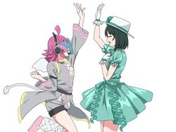  2girls ahoge clenched_hand closed_eyes covered_face dress emotion_(love_live!) fake_wings from_side gloves green_dress green_hair grey_jacket grey_shorts hat high_five highres jacket long_sleeves looking_at_another love_live! love_live!_nijigasaki_high_school_idol_club medium_hair mifune_shioriko multiple_girls open_mouth pink_footwear pink_hair puffy_short_sleeves puffy_sleeves rina-chan_board shoes short_hair short_sleeves shorts tail taiyakippassion tennoji_rina tsunagaru_connect_(love_live!) upper_body white_background white_gloves white_headwear wings 