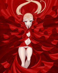  blonde_hair commentary_request dance_in_the_vampire_bund dress expressionless feet_out_of_frame female flat_chest flower hands_on_own_cheeks hands_on_own_face highres lips long_hair looking_at_viewer mina_tepes navel official_art panties red_dress red_eyes red_flower red_panties red_ribbon red_rose red_theme revealing_clothes ribbon rose solo tamaki_nozomu twintails underwear 