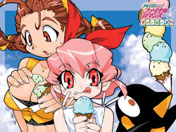  2girls accident bird blue_sky blush_stickers braid breasts brown_hair covered_nipples final_romance_4 food food_on_body holding holding_food holding_ice_cream ice_cream ice_cream_cone large_breasts logo looking_at_viewer medium_hair messy multiple_girls non-web_source official_art penguin photoshop_(medium) pink_eyes pink_hair red_eyes short_hair sky tongue tongue_out too_many too_many_scoops twin_braids upper_body 