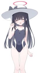  :d ^_^ absurdres arm_at_side ass_visible_through_thighs asymmetrical_sidelocks bare_arms bare_shoulders black_bow black_choker black_hair black_one-piece_swimsuit blue_archive blunt_bangs blunt_ends blush bow breasts chinese_commentary choker clenched_hands closed_eyes collarbone commentary_request competition_school_swimsuit covered_navel facing_viewer feet_out_of_frame female flat_chest groin halo hand_up happy hat hat_bow highleg highleg_swimsuit highres justice_task_force_member_(blue_archive) jyt long_hair one-piece_swimsuit red_halo school_swimsuit sidelocks simple_background small_breasts smile solo standing straight_hair sun_hat swimsuit thigh_gap trinity_general_school_swimsuit very_long_hair white_background white_hat 