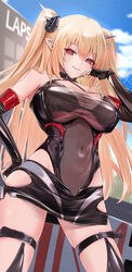  belt black_choker black_gloves black_skirt blonde_hair blue_sky breasts choker cleavage closed_mouth cloud commentary_request commission covered_navel detached_sleeves female fingerless_gloves gloves hair_between_eyes hair_ornament hand_on_own_hip hand_up highres keita_(kmfirstday) large_breasts leotard long_hair looking_at_viewer miniskirt numako_(pizza_kanon) outdoors phantasy_star phantasy_star_online_2 pointy_ears protagonist_(pso2) race_queen red_eyes see-through see-through_cleavage skeb_commission skirt sky smile solo thigh_belt thigh_strap two_side_up 