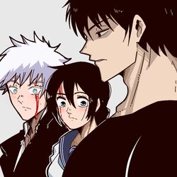  2boys amanai_riko black_hair black_shirt bleeding blood blood_on_face blue_eyes blush breasts commentary female from_side fushiguro_touji girl_staring_at_guy&#039;s_chest_(meme) gojou_satoru jacket jujutsu_kaisen large_pectorals long_hair looking_at_another looking_at_pectorals mark_gavatino mature_male meme multiple_boys muscular muscular_male parted_lips pectoral_focus pectorals school_uniform shirt short_hair symbol-only_commentary teeth three_quarter_view white_hair 