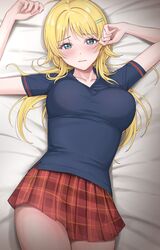  amyu_(amm_asl_pa) arms_up bed_sheet black_shirt blonde_hair blue_eyes blush breasts closed_mouth female hachimiya_meguru hair_ornament hairclip highres idolmaster idolmaster_shiny_colors large_breasts long_hair looking_at_viewer low_twintails lying miniskirt on_back plaid_clothes plaid_skirt pleated_skirt red_skirt shirt skirt solo twintails 