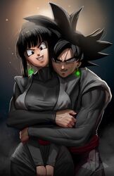  1boy absurdres alternate_universe black_eyes black_hair blunt_bangs breasts chi-chi_(dragon_ball) corruption cosplay dark_persona dragon_ball dragon_ball_super dual_persona earrings elite_nappa evil_grin evil_smile female goku_black goku_black_(cosplay) grin highres hug hug_from_behind jewelry large_breasts long_sleeves looking_at_viewer muscular muscular_male possessed potara_earrings red_sash sash sidelocks smile spiked_hair straight 