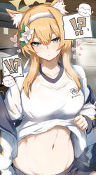  !? animal_ear_fluff animal_ears blue_archive blue_eyes blush breasts closed_mouth clothes_lift cowboy_shot doodle_sensei_(blue_archive) female flower gin_moku gym_shirt gym_shorts gym_uniform hair_between_eyes hair_flower hair_ornament hairband halo heart highres jacket large_breasts lifting_own_clothes long_hair looking_at_viewer mari_(blue_archive) mari_(track)_(blue_archive) navel official_alternate_costume open_clothes open_jacket orange_hair sensei_(blue_archive) shirt shirt_lift shorts solo stomach sweatdrop track_jacket white_flower white_hairband white_shirt yellow_halo 