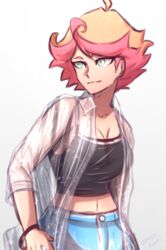  ahoge amanda_o&#039;neill artist_name black_shirt casual colored_eyebrows crop_top denim female jewelry little_witch_academia looking_to_the_side omiza_somi orange_hair see-through see-through_shirt shirt short_hair solo tagme 