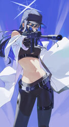  absurdres bare_shoulders baseball_cap black_mask black_pants blue_archive blue_hair buckle chest_harness chinese_commentary coat colored_inner_hair commentary crop_top female halo harness hat highres li-mi long_hair mask mouth_mask multicolored_hair navel pants saori_(blue_archive) sig_516 sig_sauer snap-fit_buckle solo stomach white_coat 