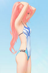  arms_up blue_background blue_eyes breasts commentary cowboy_shot english_commentary female from_side gradient_background highres long_hair miura-n315 mixed-language_commentary one-piece_swimsuit pink_hair ponytail shionne_(tales) simple_background small_breasts solo swimsuit tales_of_(series) tales_of_arise tying_hair 