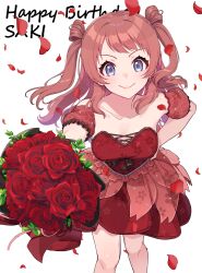  blue_eyes blush bouquet breasts character_name cleavage closed_mouth collarbone commentary_request detached_sleeves dress falling_petals female flower gakuen_idolmaster hanami_saki happy_birthday highres holding holding_bouquet idolmaster kamille_(vcx68) long_hair looking_at_viewer petals puffy_detached_sleeves puffy_sleeves red_dress red_flower red_hair red_rose rose rose_petals smile solo strapless strapless_dress two_side_up white_background 