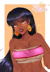  1girl at back bare black_hair black_skin brown chel chel_(the_road_to_el_dorado) curvy dark dark-skinned earrings exotic eyes female gold hair huge_breasts jewelry large_breasts long looking mayan shoulders sitting skin solo stariylu straight topless viewer 