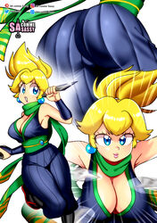  1girls alternate_version_available ass big_ass big_butt big_thighs blonde_hair blue_eyes butt cleavage earrings female female_only kunai light-skinned_female light_skin lips lipstick long_hair looking_at_viewer mario_(series) multiple_images ninja ninja_peach nintendo official_alternate_costume pink_lipstick ponytail princess_peach princess_peach:_showtime! sasatseng scarf smiling solo thick thick_ass thick_butt thick_hips thick_thighs thighs tied_hair very_high_resolution white_background wide_hips 