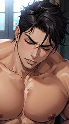  1boy ai_generated black_hair closed_eyes face_focus implied_oral jojo&#039;s_bizarre_adventure jotaro_kujo looking_pleasured male male_only muscular_male nude_male stardust_crusaders 