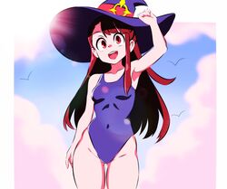  akko_kagari armpits atsuko_kagari b1iz4rd bare_arms bare_thighs breasts brown_hair happy kagari_atsuko little_witch_academia long_hair navel one-piece_swimsuit open_mouth petite_female red_eyes small_breasts smile swimsuit thick_thighs thigh_gap thighs tongue wide_hips wide_thighs witch_hat 