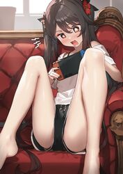  1girls bare_legs barefoot blush brown_hair casual clothing couch feet female female_focus female_only flower flower-shaped_pupils fully_clothed gamer_girl genshin_impact hi_res hu_tao_(genshin_impact) legs legs_apart nintendo_switch on_couch open_mouth playing_videogame red_eyes shorts sitting spread_legs symbol-shaped_pupils twintails xkirara39x 