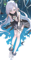  absurdres aeloria_(stella_sora) armpit_crease bare_shoulders black_feathers bodypaint breasts breasts_apart cleavage_cutout clothing_cutout commentary demon_horns dress feather_dress feathers feet female green_eyes hair_between_eyes highres horns long_hair looking_at_viewer open_mouth pointy_ears sandals sb_lama sky sleeveless sleeveless_dress small_breasts smile solo star_(sky) starry_sky stella_sora thick_eyelashes toes tsurime v-shaped_eyebrows very_long_hair white_hair 