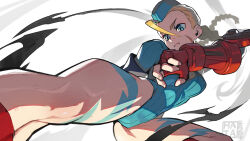  ahoge armband blonde_hair blue_eyes blue_leotard bodypaint braid breasts cammy_white dynamic_pose female fingerless_gloves flying_kick foreshortening garrison_cap gloves hat hata4564 highleg highleg_leotard huge_ahoge kicking leotard long_braid long_hair medium_breasts necktie red_gloves ribbed_leotard scar scar_on_cheek scar_on_face serious sleeved_leotard small_breasts solo street_fighter street_fighter_zero_(series) thighs thong_leotard twin_braids v-shaped_eyebrows white_background 