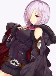  black_coat breasts clothing_cutout coat commentary_request dutch_angle female grey_hair grin hair_over_one_eye highres hood hood_down long_sleeves medium_breasts purple_eyes shingeki_no_bahamut short_hair shoulder_cutout simple_background smile solo standing white_background wizardess_of_oz yamato_(muchuu_paradigm) 