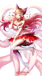  ahri alternate_costume alternate_hair_color blush breasts cleavage female fox_ears fox_tail heart high_heel_boots league_of_legends long_hair magical_girl nail_polish peach_hair purple_eyes skirt star_guardian_ahri thigh_boots thighhighs tiara 