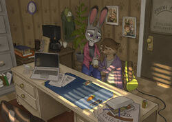  anthro axelegandersson beverage coffee computer disney electronics female judy_hopps laptop mammal mrs._otterton mustelid office otter zootopia 