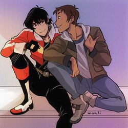  2boys artist_name bad_id bad_twitter_id black_hair blush boots brown_hair dark-skinned_male dark_skin fingerless_gloves gloves grin hood hoodie jacket keith_(voltron) knee_boots lance_(voltron) looking_at_another male_focus miyuli mullet multiple_boys open_clothes open_jacket sitting smile voltron:_legendary_defender voltron_(series) 