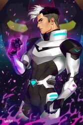  1boy artist_name bodysuit clenched_hands commentary_request fire looking_at_viewer male_focus manda_schank mechanical_arms parted_lips projected_inset realistic scar single_mechanical_arm solo space star_(sky) takashi_shirogane voltron:_legendary_defender voltron_(series) 